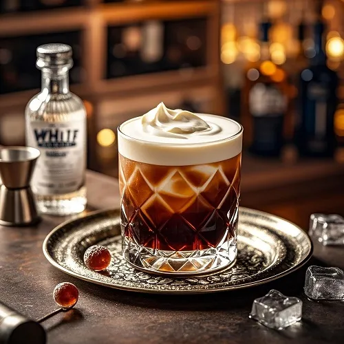 Un cóctel Ruso Blanco con vodka en capas, licor de café y crema en un vaso rocks.